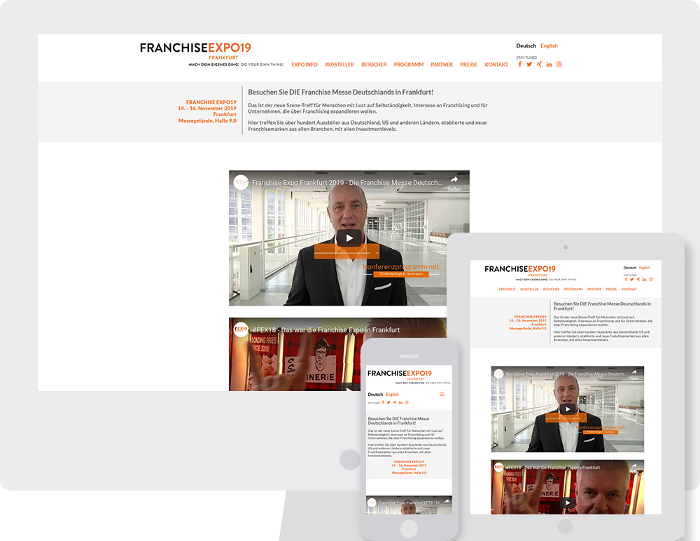 Referenz - Website "Franchise Expo Frankfurt" am Computer, Tablet und Smartphone